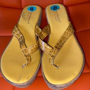 Mila Paoli Italian sandals. Golden yellow. Cork heel. All man made materials. 8M